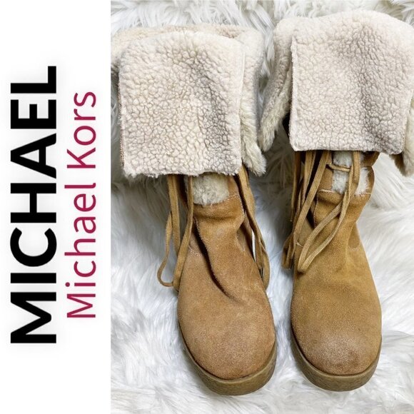 MICHAEL MICHAEL KORS Camel Brown Suede Sherpa Lined Wedge Boot, Size 9.5 - Picture 6 of 10
